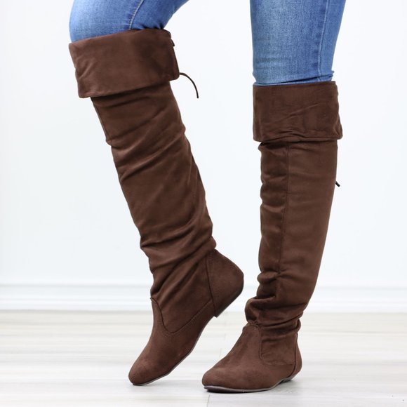Fold Over Brown Thigh High Over The Knee Flat No Heel Boots Faux Suede Pointed - Picture 12 of 14